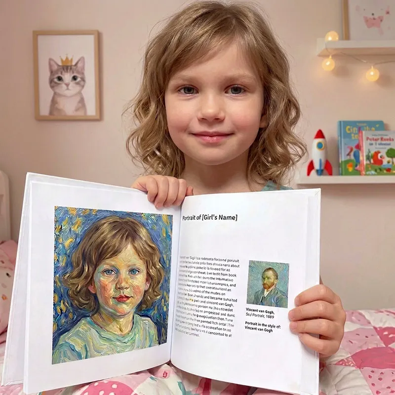 A little girl proudly holding her personalized Museme art book