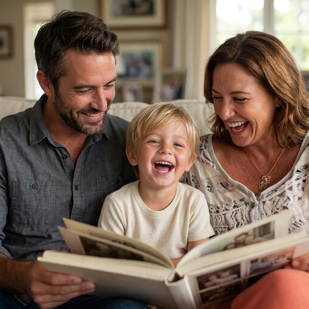 A happy family reading their Museme art book together
